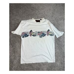 vintage white t-shirt with car and American flag graphic